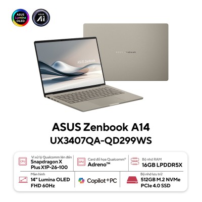 ASUS Zenbook 14 UX3407QA-QD299WS (Snapdragon® X X1 26 100 | 16GB | 512GB | Qualcomm® Adreno™ GPU | 14inch WUXGA OLED | Win 11 | Office | Be)