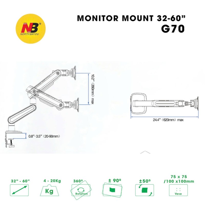 Giá Treo Màn Hình North Bayou G70 Màu Đen Xám , Led RGB (32-60 inch)