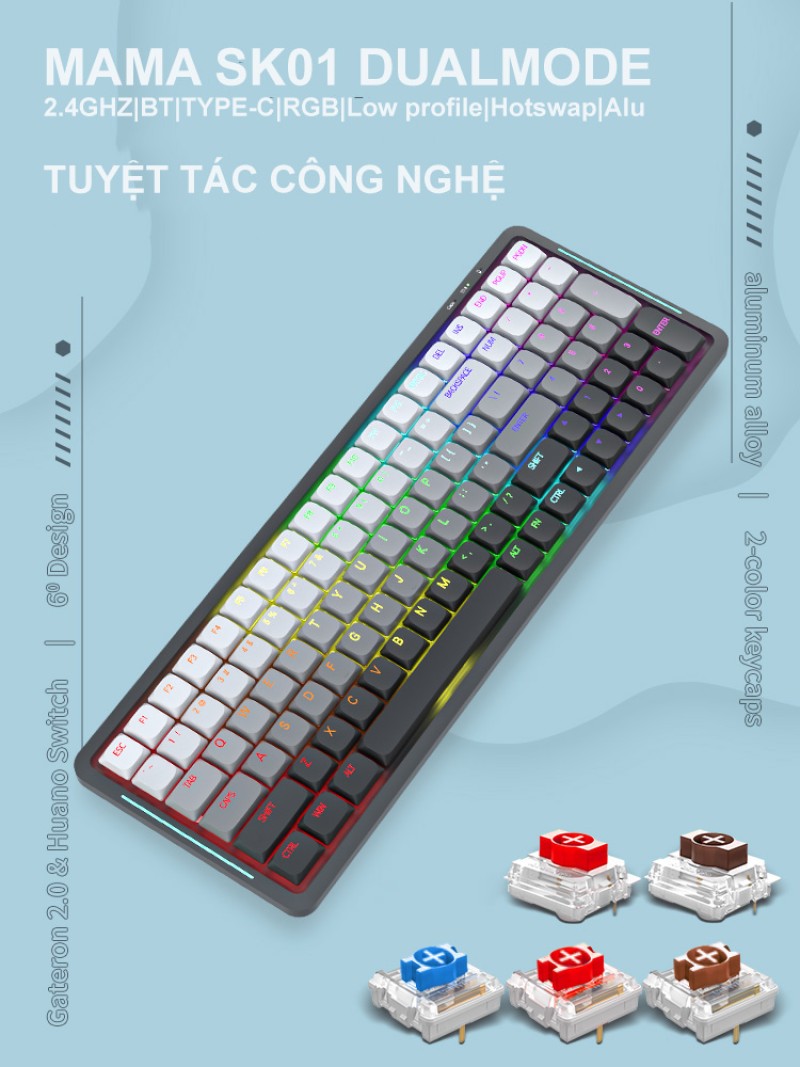 Bàn phím cơ không dây Mama SK01 Dualmode – Xám lạnh