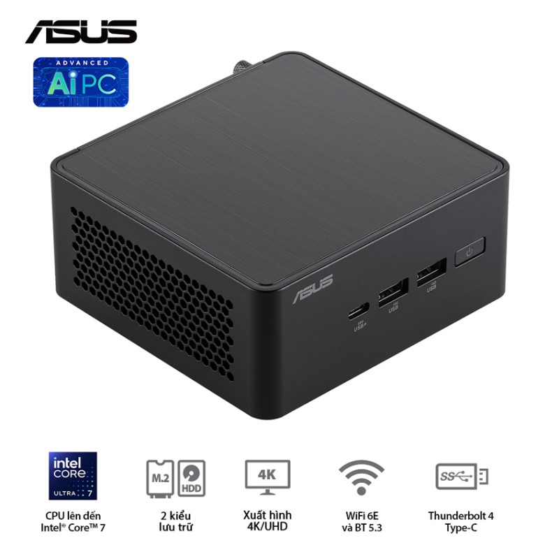 Bộ Mini PC Asus Bộ Mini PC Asus NUC 14 PRO Tall RNUC14RVHU500000i (U5- 125H/ 2xNVMe, SATA/ 2x HDMI 2.1/2x DP 1.4a/ VESA MOUNT)