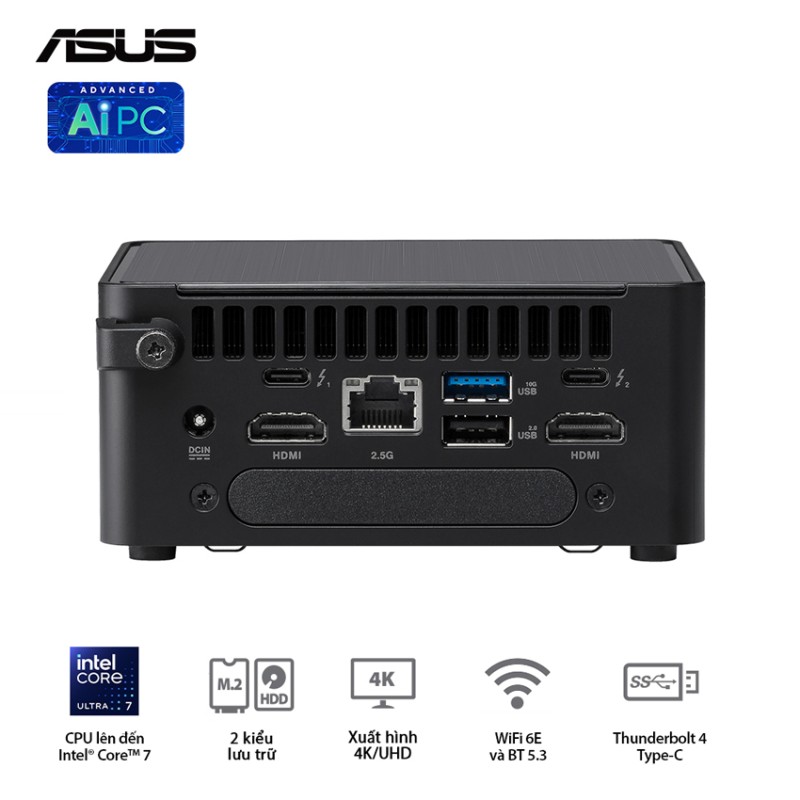 Bộ Mini PC Asus Bộ Mini PC Asus NUC 14 PRO Tall RNUC14RVHU500000i (U5- 125H/ 2xNVMe, SATA/ 2x HDMI 2.1/2x DP 1.4a/ VESA MOUNT)