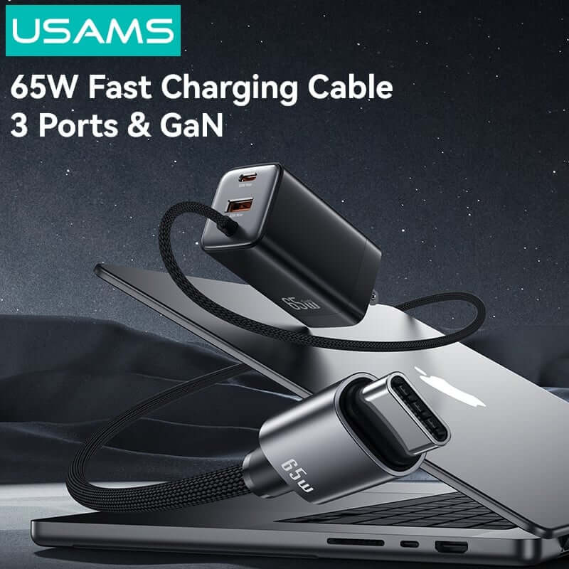 Bộ củ, cáp sạc USAMS CC273 65W GaN ACC 3-port Fast Charger With Type-C Cable (US) – Black + White