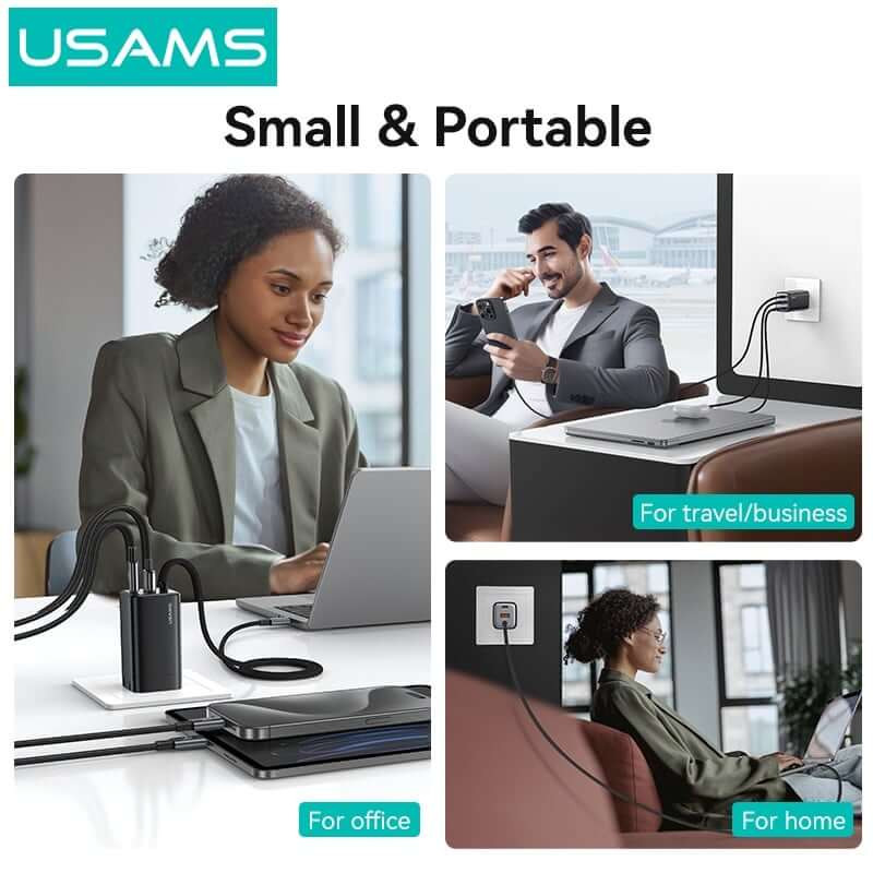 Bộ củ, cáp sạc USAMS CC273 65W GaN ACC 3-port Fast Charger With Type-C Cable (US) – Black + White