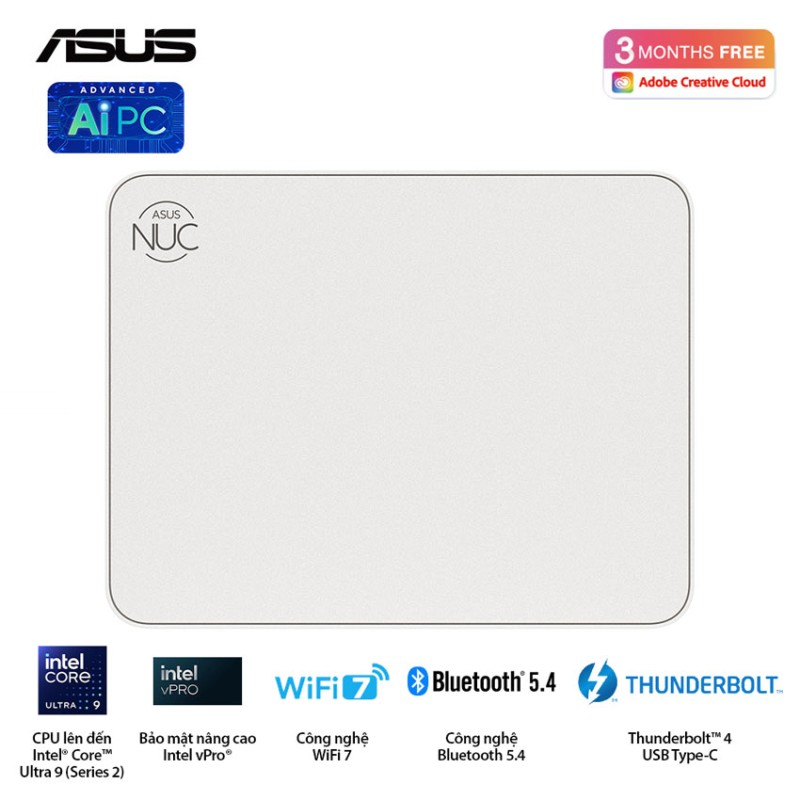 Bộ Mini PC Asus NUC 15 PRO RNUC15CRSU500000i -Tall/ U5- 225H/2xDDR5-6400/2xNVMe/ 2x HDMI 2.1/2x Thunderbolt/ VESA MOUNT/ WHITE