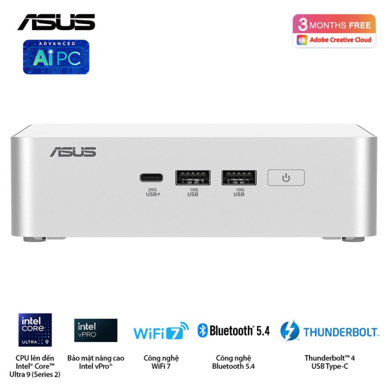 Bộ Mini PC Asus NUC 15 PRO RNUC15CRSU500000i -Tall/ U5- 225H/2xDDR5-6400/2xNVMe/ 2x HDMI 2.1/2x Thunderbolt/ VESA MOUNT/ WHITE
