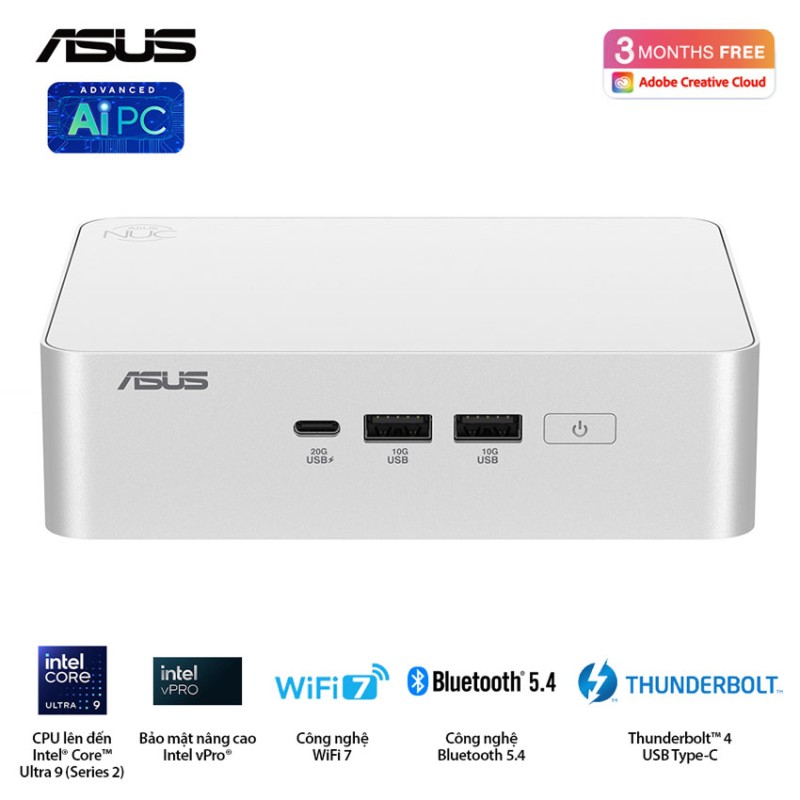 Bộ Mini PC Asus NUC 15 PRO RNUC15CRSU500000i -Tall/ U5- 225H/2xDDR5-6400/2xNVMe/ 2x HDMI 2.1/2x Thunderbolt/ VESA MOUNT/ WHITE