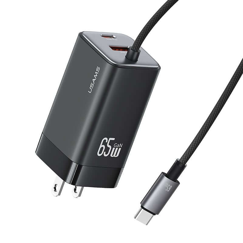 Bộ củ, cáp sạc USAMS CC273 65W GaN ACC 3-port Fast Charger With Type-C Cable (US) – Black + White