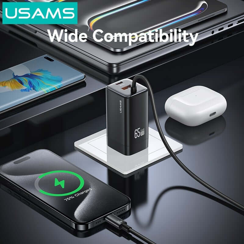 Bộ củ, cáp sạc USAMS CC273 65W GaN ACC 3-port Fast Charger With Type-C Cable (US) – Black + White