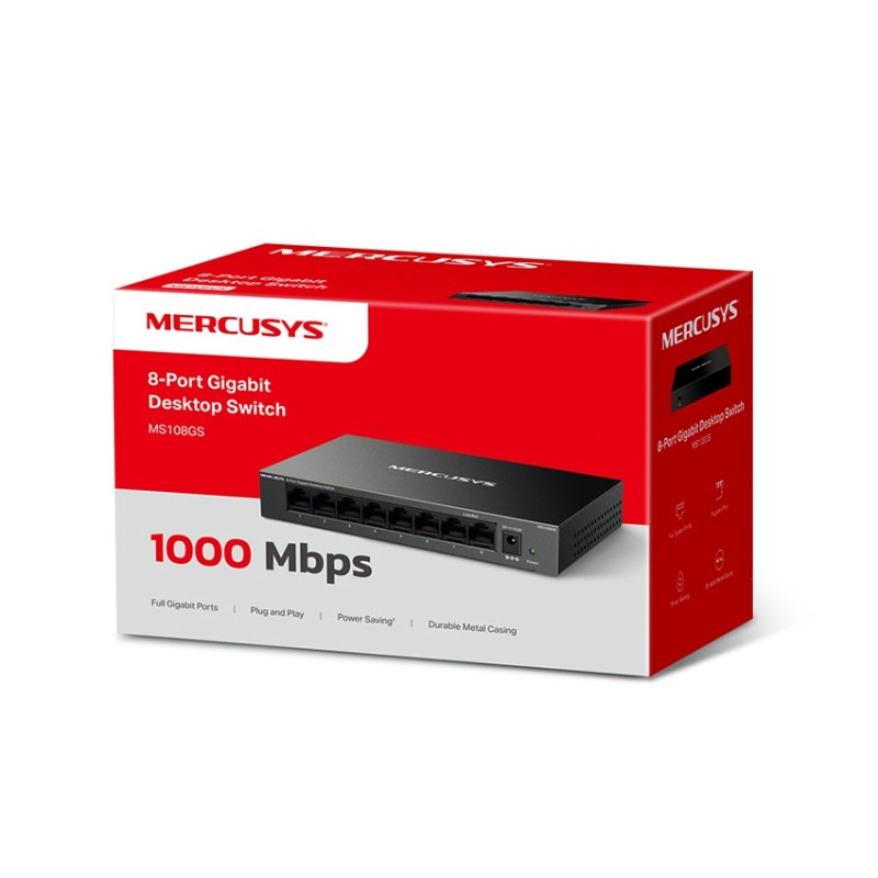 Switch Mercusys MS108GS (8 cổng RJ45 10/100/1000 Mbps Vỏ Kim loại)